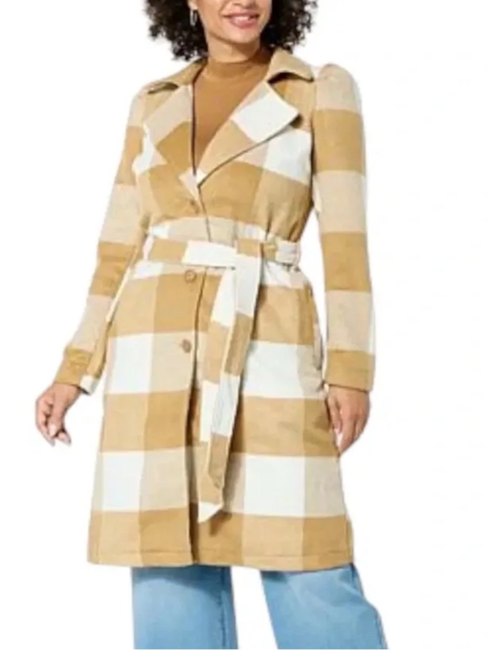 NWOT G by Giuliana Beige and White Plaid Belted Wool-Blend Trench Coat